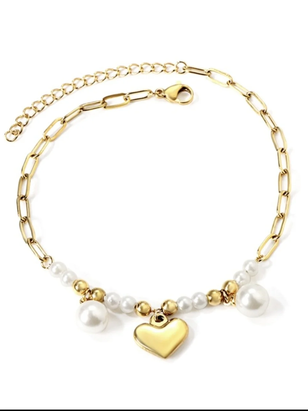 Gold Pearl Heart Charm Anklet - Women Jewelry